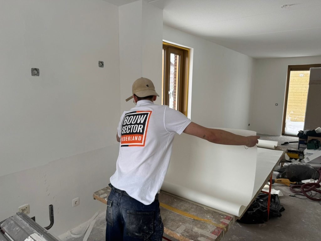 Behanger rolt een baan renovlies uit om een plaatwand mee af te werken