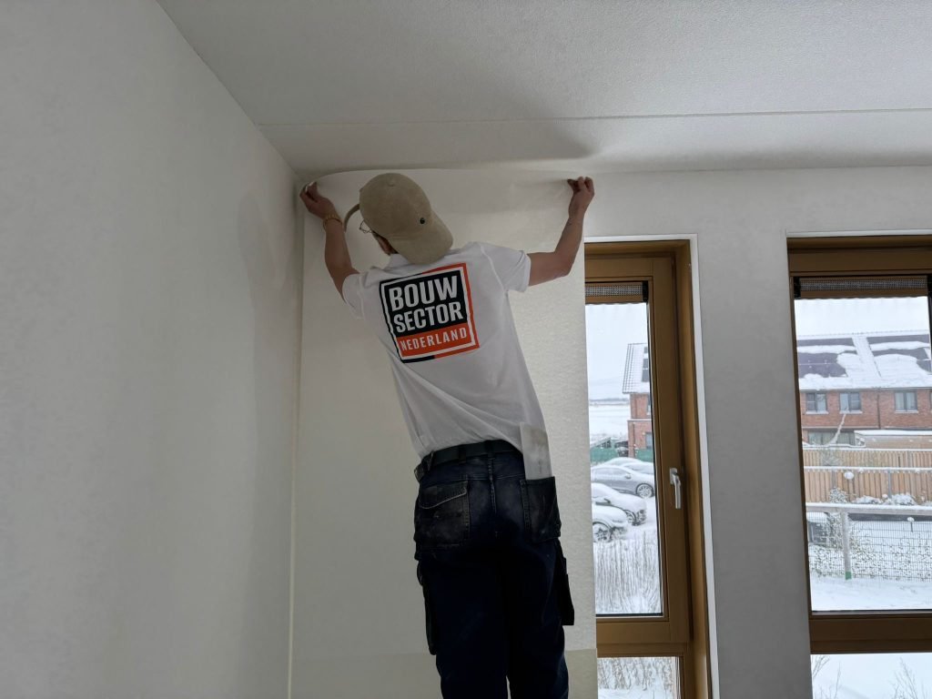 Behanger zet een baan behang strak tegen het plafond